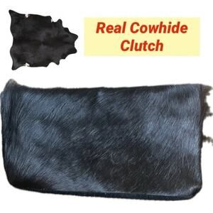 VTG GENUINE COWHIDE CLUTCH BAG FLAP BLACK WESTERN BOHEMIAN FRINGE RARE VERSATILE